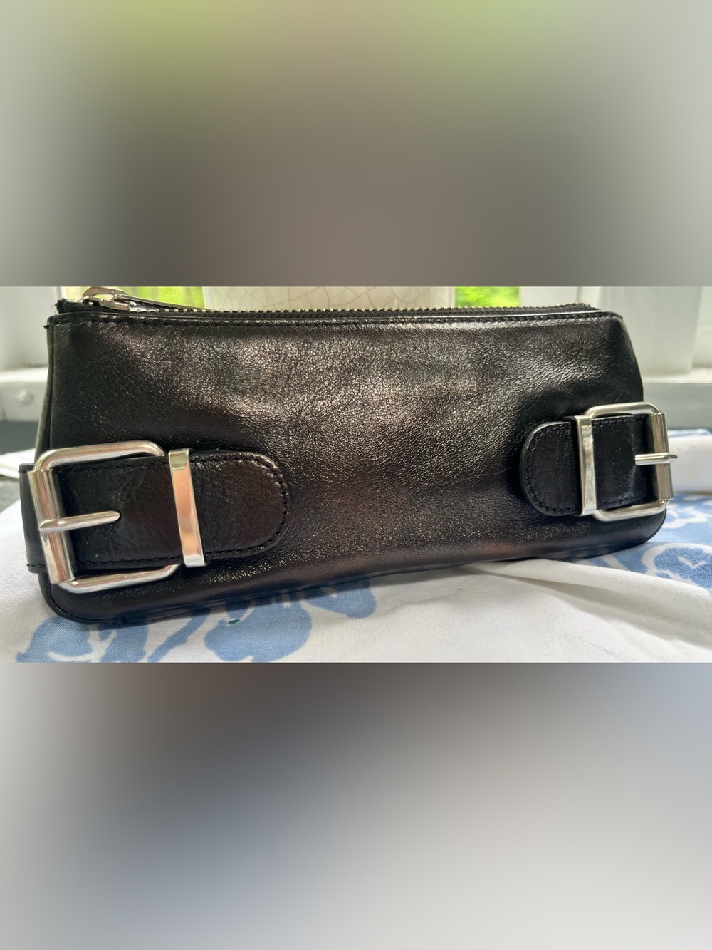 Banana Republic Black Leather Hand Purse Clutch Bag W/Silver Hardware EUC